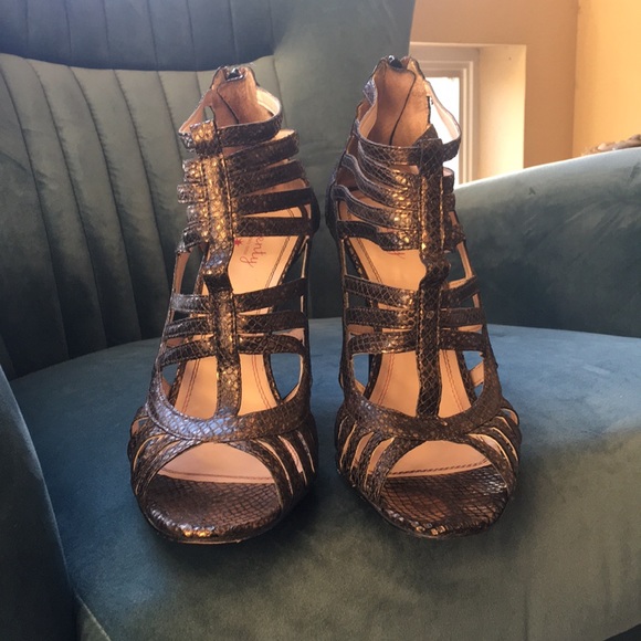 Bronze snakeskin strappy peep toe with zip heel. - Picture 2 of 5